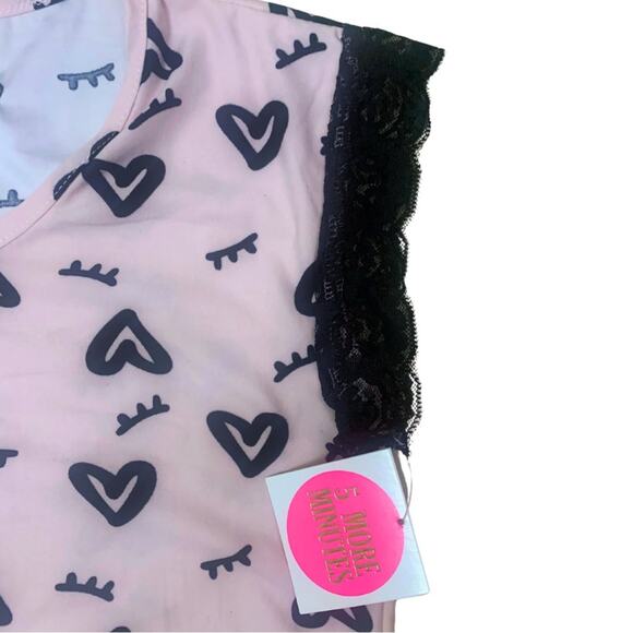 Cute Pink Black Heart Lace Shorts and Sleeveless Top Pajamas Set Pjs Size Small - Picture 2 of 11
